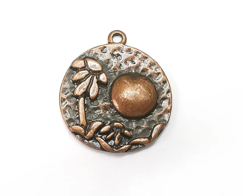Flower Charms Moon Hammered Round Pendant Antique Copper Plated (28x25mm) G28518