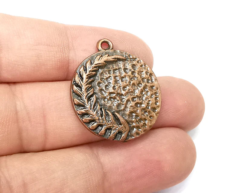Fern Leaf Charms Hammered Disc Pendant Antique Copper Plated (27x24mm) G28519