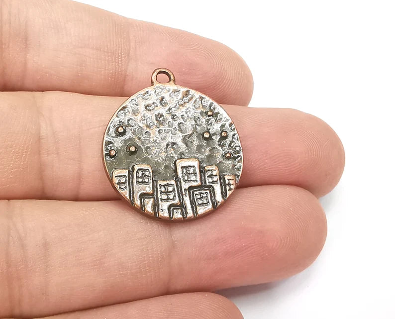 City Skyscrapers Charms Hammered Pendant Antique Copper Plated (27x24mm) G28527
