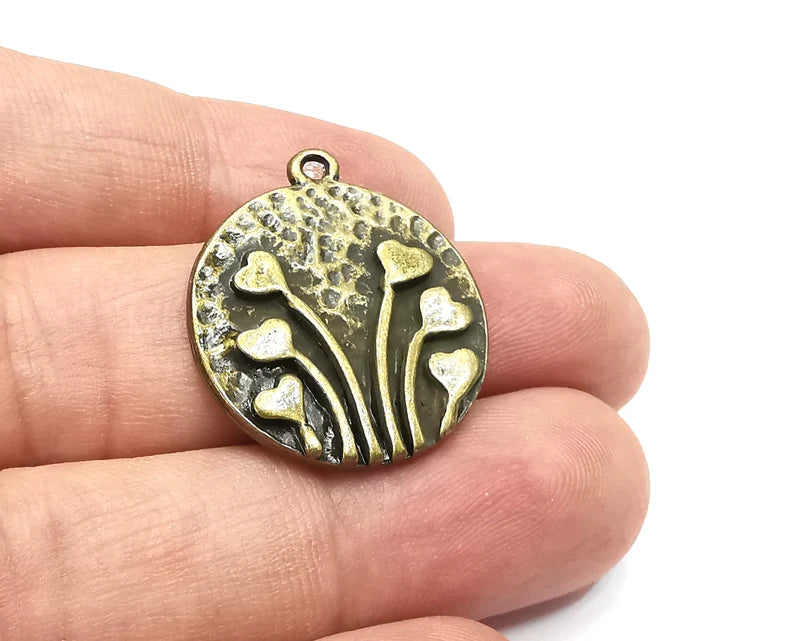 Hearts Charms Hammered Round Pendant Antique Bronze Plated (28x24mm) G28533