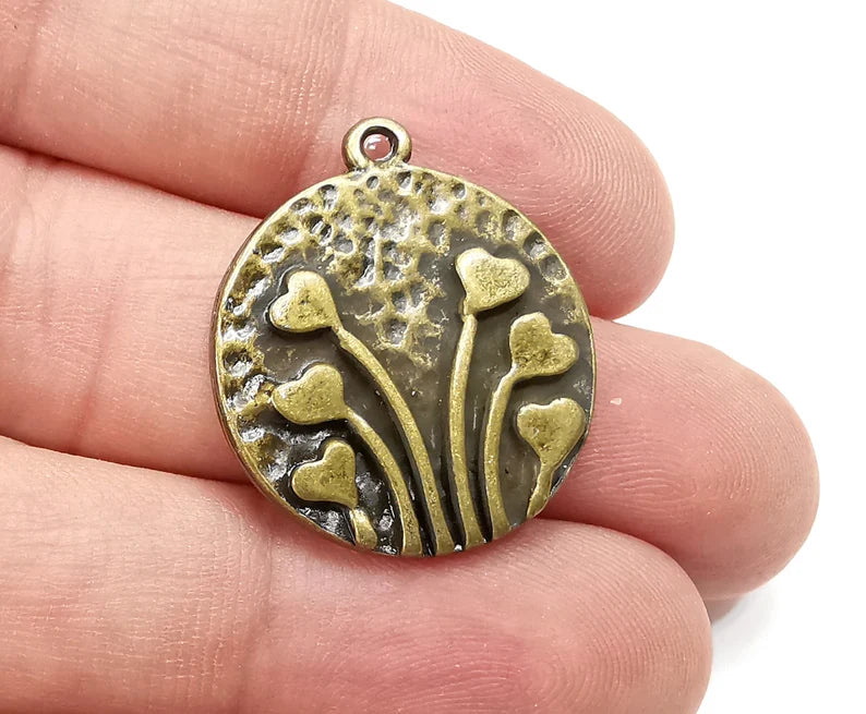 Hearts Charms Hammered Round Pendant Antique Bronze Plated (28x24mm) G28533