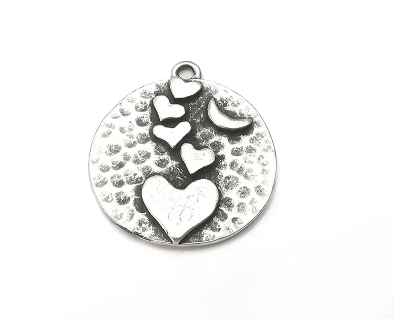 Hearts Crescent Charms Antique Silver Plated Hammered Charms (28x25mm) G28538