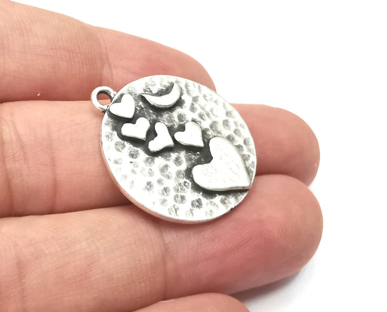 Hearts Crescent Charms Antique Silver Plated Hammered Charms (28x25mm) G28538
