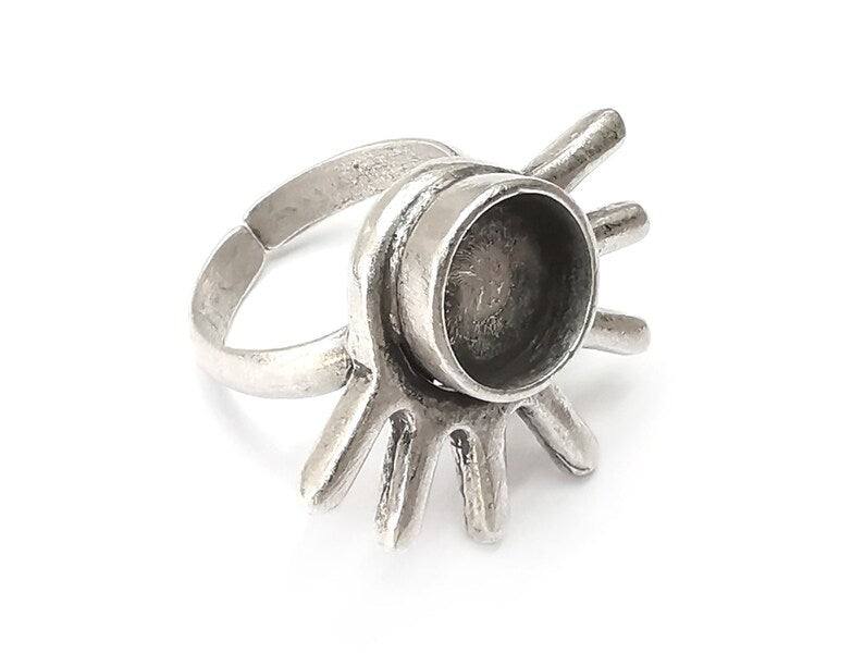 Sun Ring Blanks Settings, Cabochon Mounting, Adjustable Resin Ring Base Bezels, Antique Silver Plated Brass (10mm) G28541