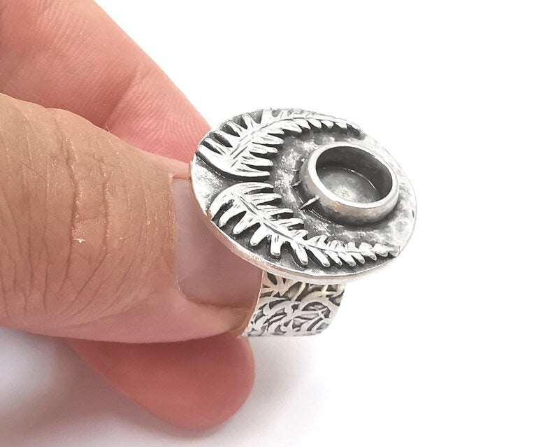 Fern Leaf Ring Blanks Settings, Cabochon Mounting, Adjustable Resin Ring Base Bezels, Antique Silver Plated Brass (8mm) G28550