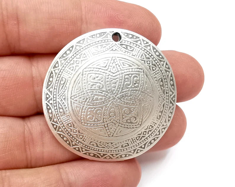 Ethnic Charms Pendant Antique Silver Plated Dome Charms (42mm) G28552