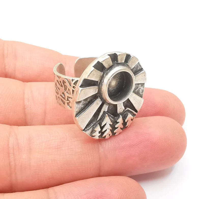 Sunlight Tree Jungle Mountain Ring Blank Setting, Cabochon Mounting, Adjustable Resin Ring Base Bezels, Antique Silver Plated (8mm) G28555