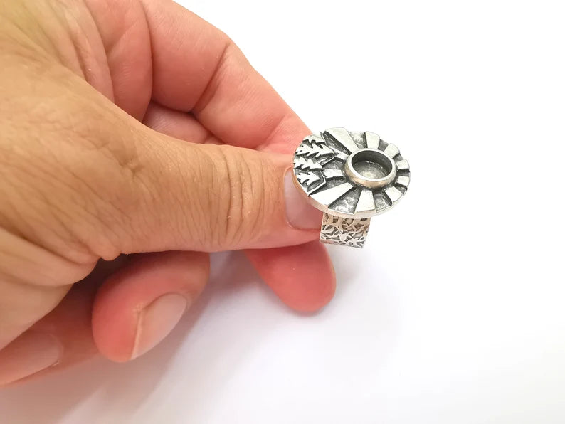 Sunlight Tree Jungle Mountain Ring Blank Setting, Cabochon Mounting, Adjustable Resin Ring Base Bezels, Antique Silver Plated (8mm) G28555