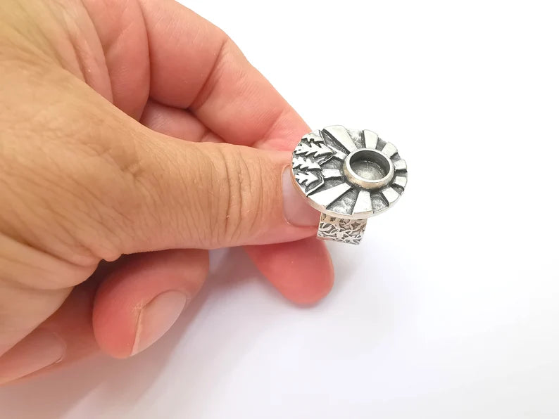 Sunlight Tree Jungle Mountain Ring Blank Setting, Cabochon Mounting, Adjustable Resin Ring Base Bezels, Antique Silver Plated (8mm) G28555