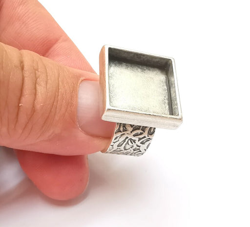 Square Antique Silver Ring Blank Setting, Cabochon Mounting, Adjustable Resin Ring Base Bezel, Inlay Ring Mosaic Ring Bezel (16x16mm) G28557