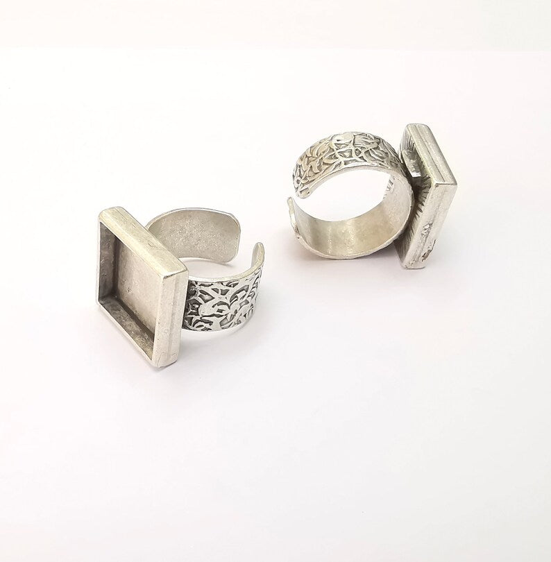 Square Antique Silver Ring Blank Setting, Cabochon Mounting, Adjustable Resin Ring Base Bezel, Inlay Ring Mosaic Ring Bezel (16x16mm) G28557