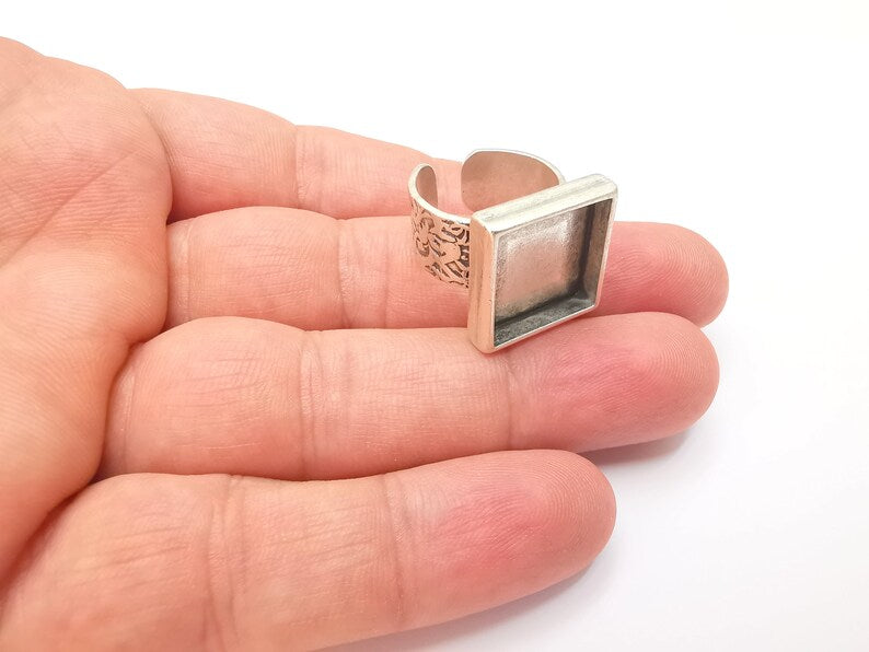 Square Antique Silver Ring Blank Setting, Cabochon Mounting, Adjustable Resin Ring Base Bezel, Inlay Ring Mosaic Ring Bezel (16x16mm) G28557