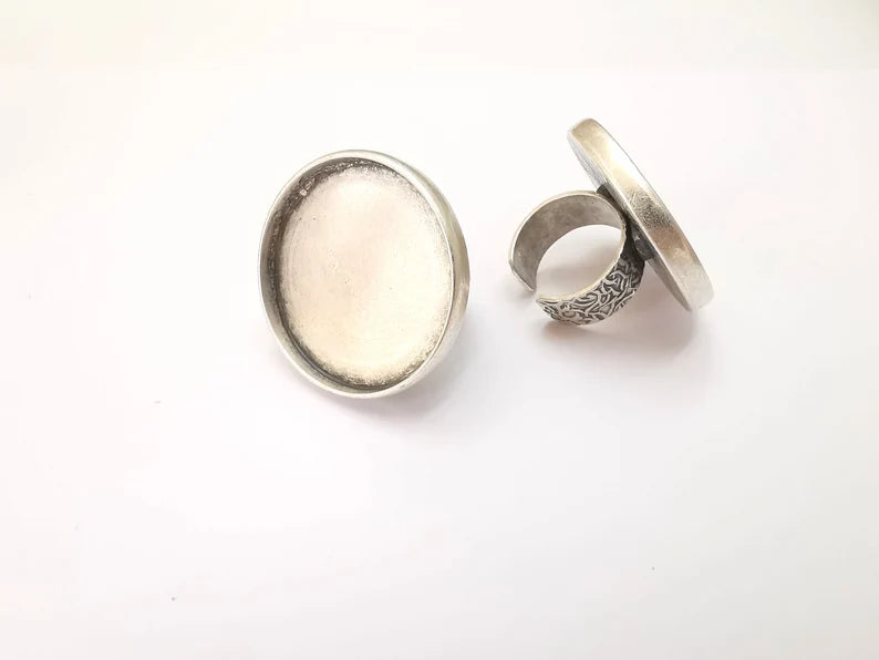 Round Antique Silver Ring Blank Setting, Cabochon Mounting, Adjustable Resin Ring Base Bezels, Inlay Ring Mosaic Ring Bezel G28558