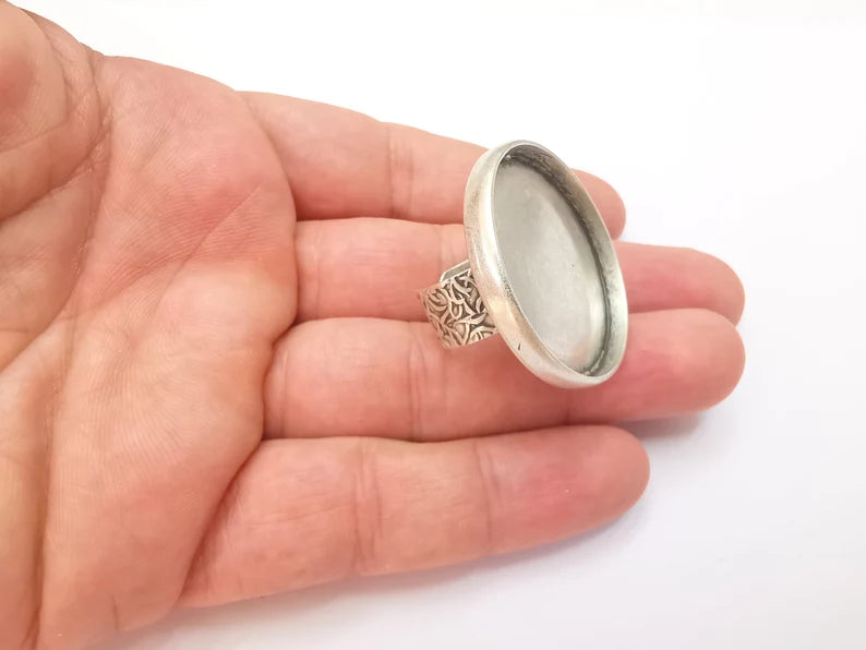 Round Antique Silver Ring Blank Setting, Cabochon Mounting, Adjustable Resin Ring Base Bezels, Inlay Ring Mosaic Ring Bezel G28558