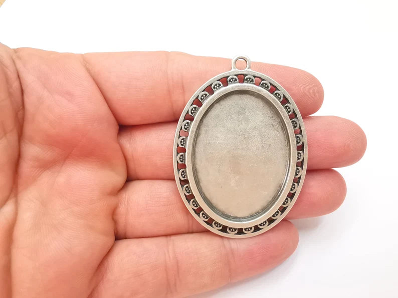 Oval Pendant Bezels, Resin Blank, inlay Mountings, Mosaic Frame, Cabochon Bases, Dry Flower Setting, Antique Silver Plated (40x30mm) G28560