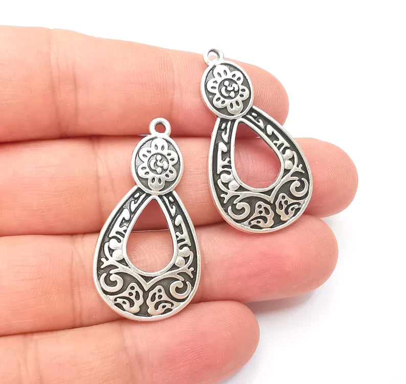 Flowering Branch Charms, Ethnic Tribal Charms, Antique Silver Plated Charms (39x20mm) G28563