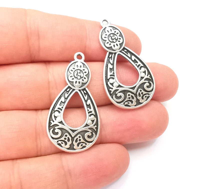 Flowering Branch Charms, Ethnic Tribal Charms, Antique Silver Plated Charms (39x20mm) G28563