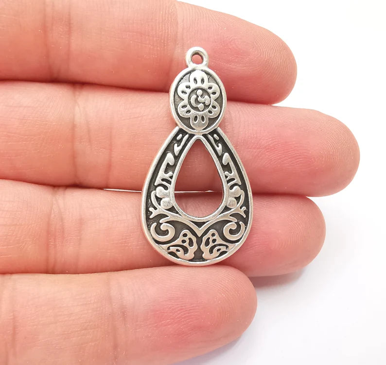 Flowering Branch Charms, Ethnic Tribal Charms, Antique Silver Plated Charms (39x20mm) G28563