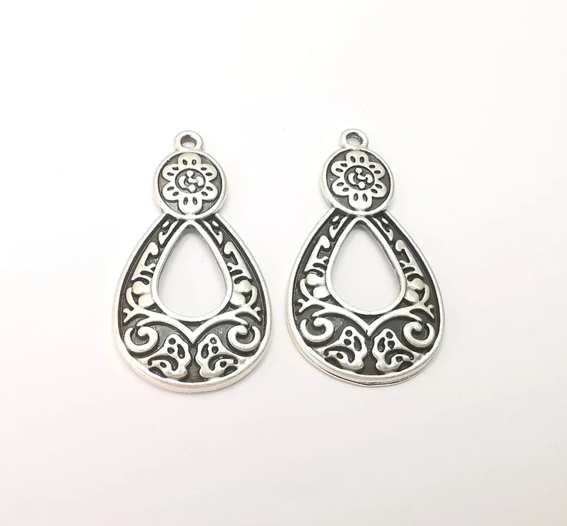 Flowering Branch Charms, Ethnic Tribal Charms, Antique Silver Plated Charms (39x20mm) G28563