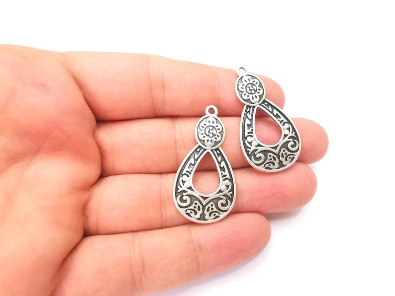 Flowering Branch Charms, Ethnic Tribal Charms, Antique Silver Plated Charms (39x20mm) G28563