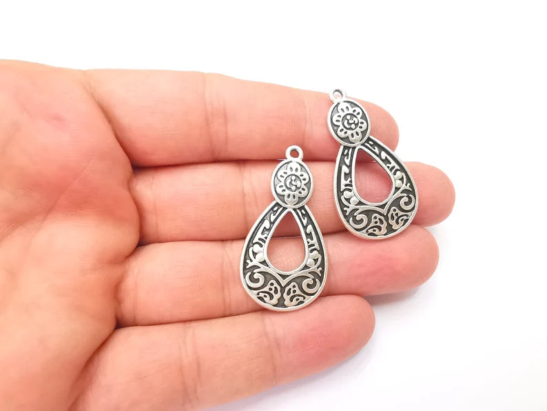 Flowering Branch Charms, Ethnic Tribal Charms, Antique Silver Plated Charms (39x20mm) G28563