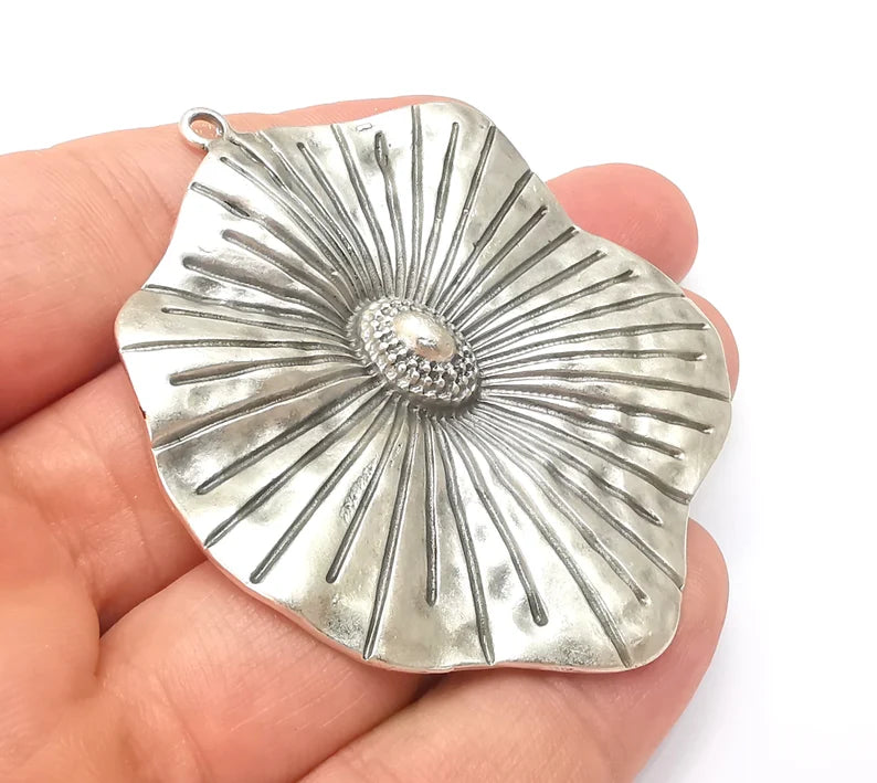 Large Flower Pendant, Antique Silver Plated DIY Pendant (65x58mm) G28565