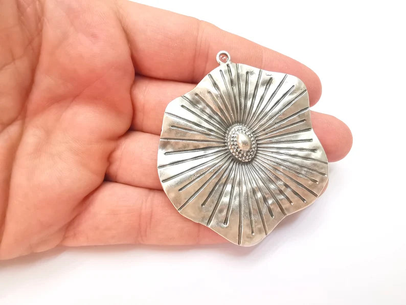 Large Flower Pendant, Antique Silver Plated DIY Pendant (65x58mm) G28565