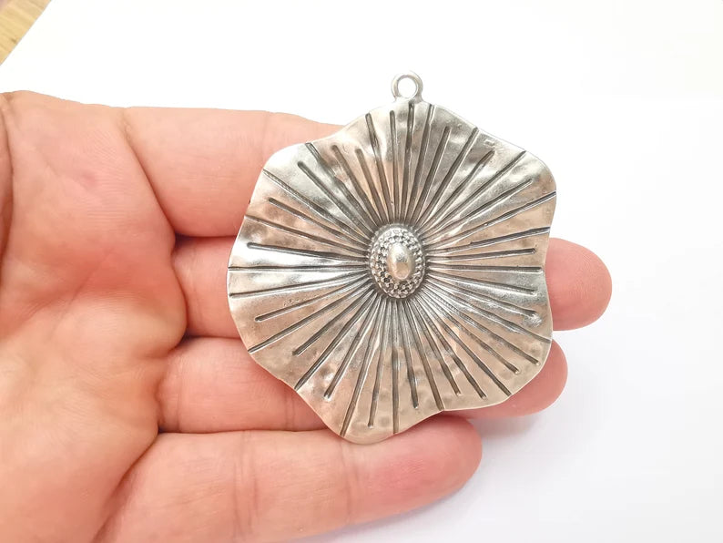 Large Flower Pendant, Antique Silver Plated DIY Pendant (65x58mm) G28565