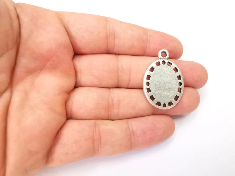 Oval Bezels, Resin Blank, inlay Mountings, Mosaic Pendant Frame, Cabochon Bases, Dry Flower Setting, Antique Silver Plated (18x13mm) G28567