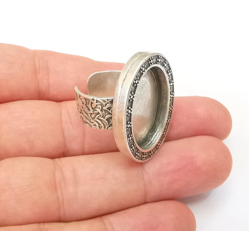 Oval Antique Silver Ring Blank Setting, Cabochon Mounting, Adjustable Resin Ring Base Bezels, Inlay Ring Mosaic Ring Bezel (25x18mm) G28568