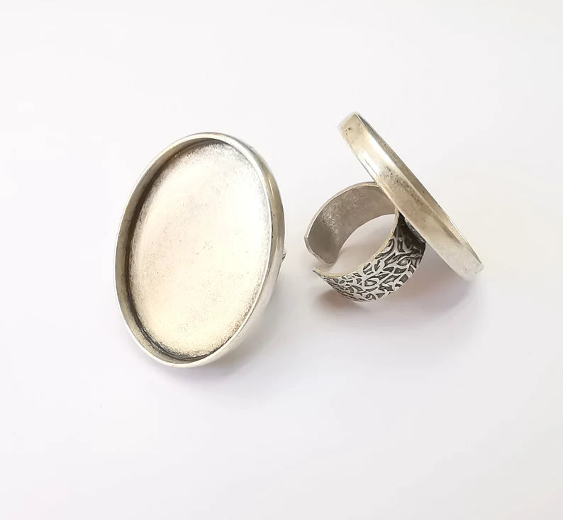 Oval Antique Silver Ring Blank Setting, Cabochon Mounting, Adjustable Resin Ring Base Bezels, Inlay Ring Mosaic Ring Bezel (40x30mm) G28569