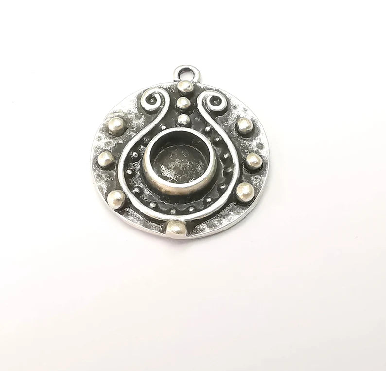 Unique Pendant Bezel, Resin Blank, inlay Mounting, Mosaic Frame Cabochon Base Dry Flower Setting, Antique Silver Plated (8mm) G28570