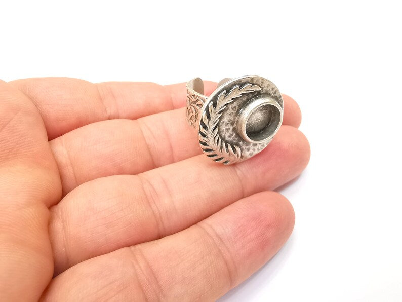 Fern Leaf Ring Blank Settings, Cabochon Mounting, Adjustable Resin Ring Base Bezel, Antique Silver Inlay Mosaic Ring Bezel (10mm) G28571