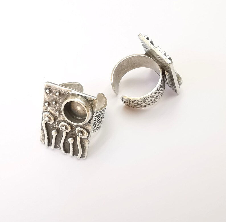 Flower Ring Blank Settings, Mushrooms Cabochon Mounting, Adjustable Resin Ring Base Bezel, Antique Silver Inlay Mosaic Bezel (8mm) G28572