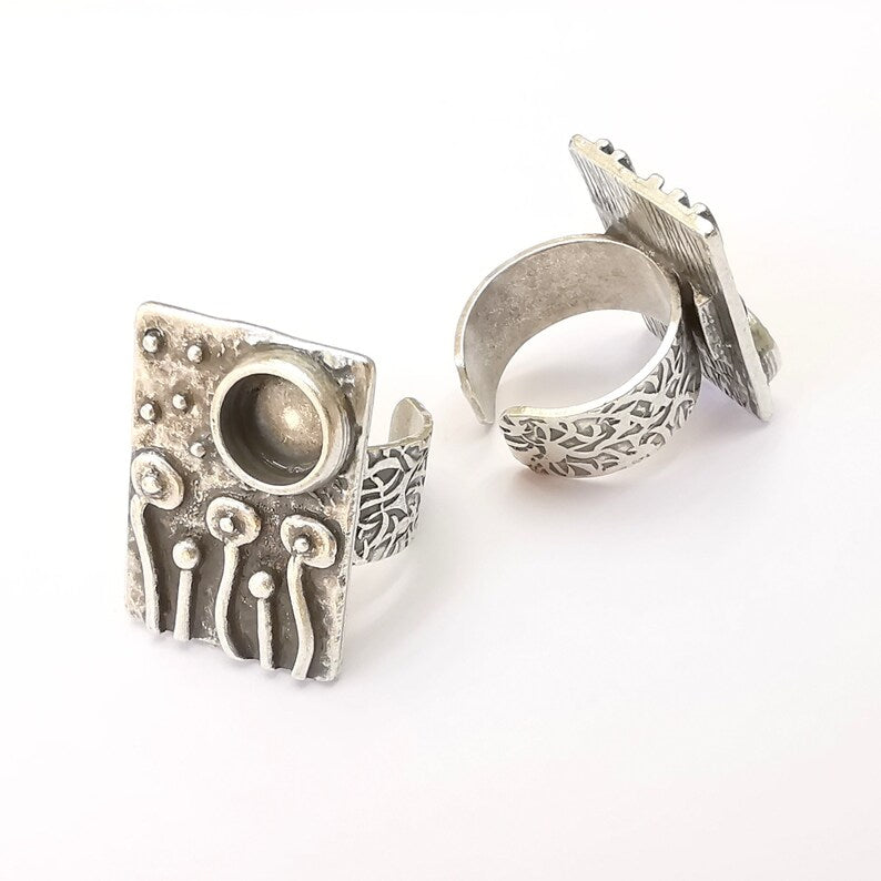 Flower Ring Blank Settings, Mushrooms Cabochon Mounting, Adjustable Resin Ring Base Bezel, Antique Silver Inlay Mosaic Bezel (8mm) G28572