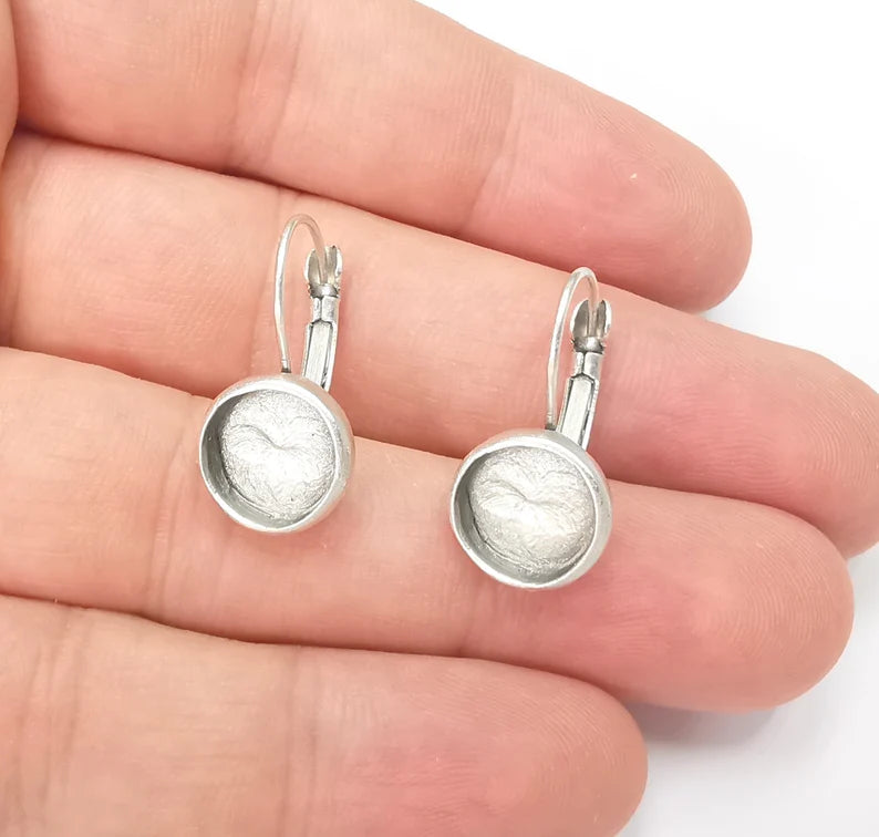 Round Silver Earring Set Base Clips Wire Antique Silver Plated Brass Earring Base (10mm blank) G28578