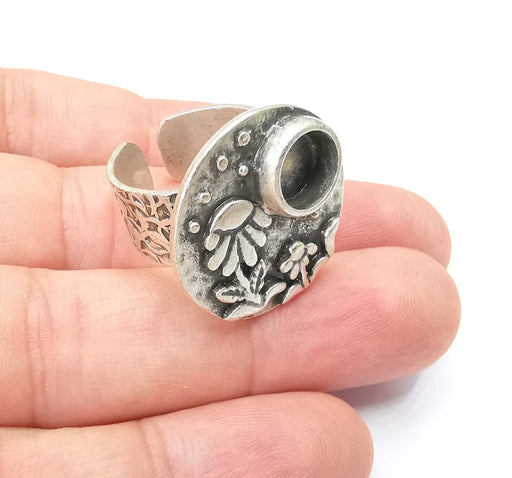 Flower Ring Blank Setting, Cabochon Mounting, Adjustable Resin Ring Base Bezels, Antique Silver Inlay Ring Mosaic Ring Bezel (8mm) G28579