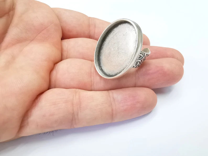 Oval Antique Silver Ring Blank Setting, Cabochon Mounting, Adjustable Resin Ring Base Bezels, Inlay Ring Mosaic Ring Bezel (30x22mm) G28582