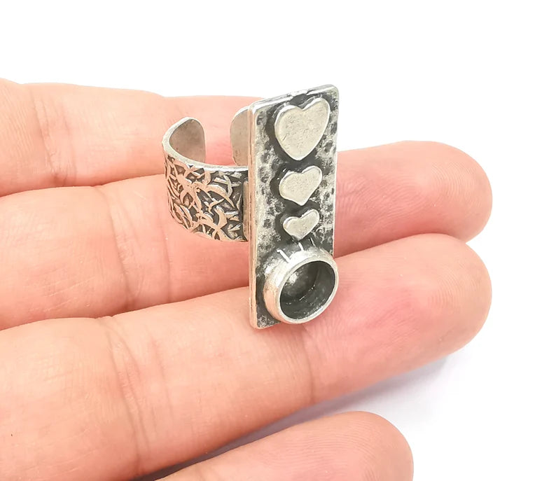 Heart Ring Blank Setting, Cabochon Mounting, Adjustable Resin Ring Base Bezels, Antique Silver Inlay Ring Mosaic Ring Bezel (8mm) G28585