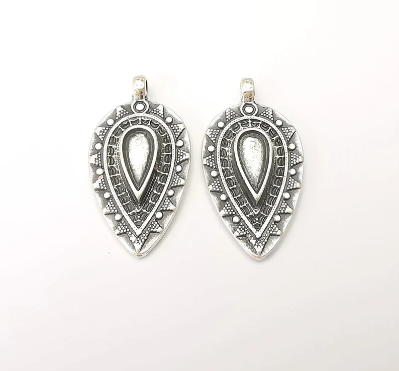 Unique Ethnic Tribal Charms Antique Silver Plated Teardrop Charms (36x19mm) G28584