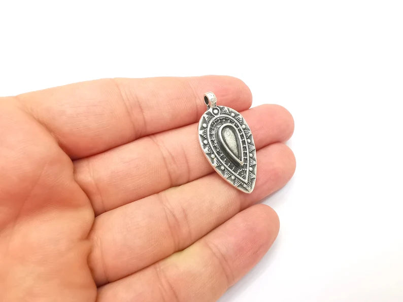 Unique Ethnic Tribal Charms Antique Silver Plated Teardrop Charms (36x19mm) G28584