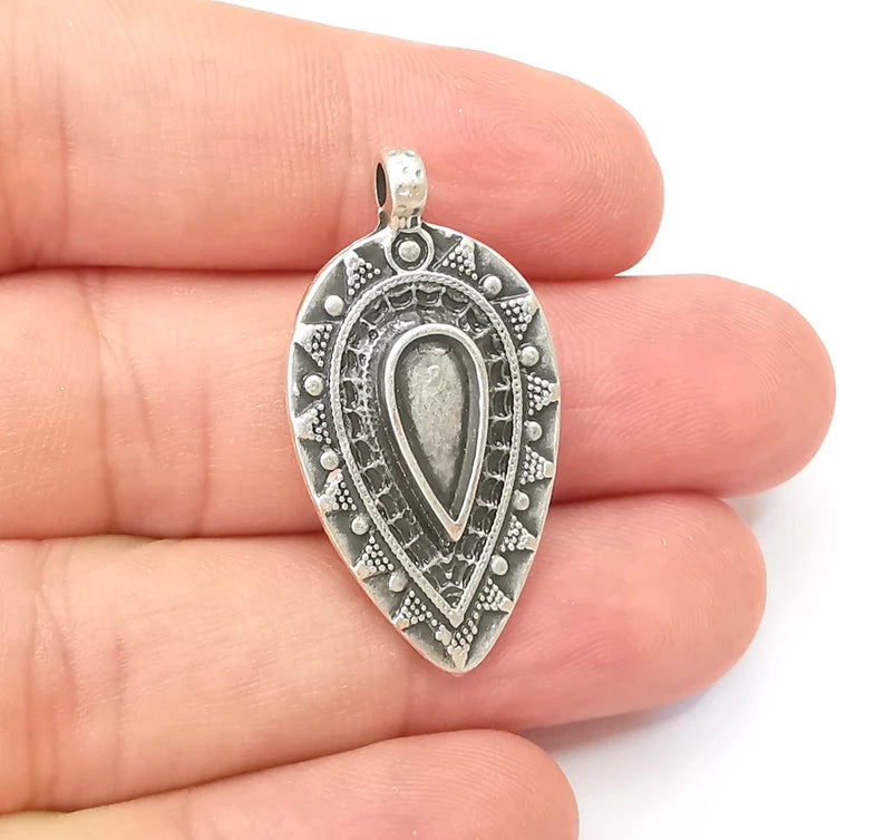 Unique Ethnic Tribal Charms Antique Silver Plated Teardrop Charms (36x19mm) G28584