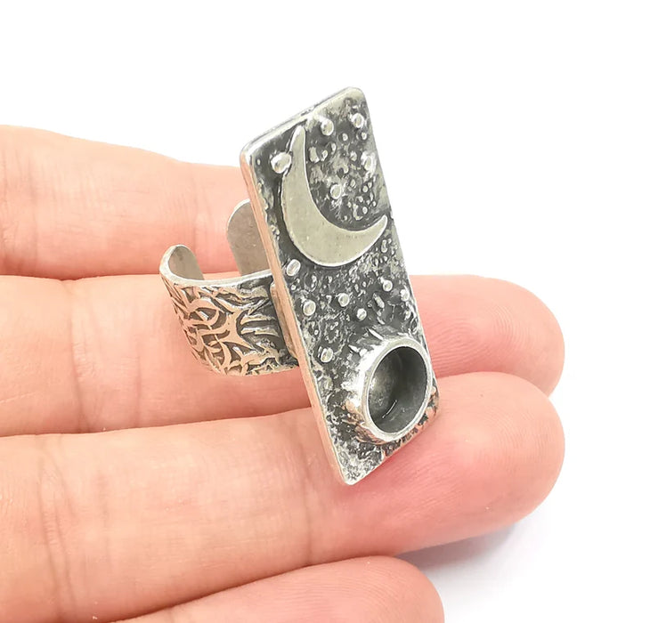 Sky Crescent Moon Ring Blank Setting, Cabochon Mounting, Adjustable Resin Ring Base, Antique Silver Inlay Mosaic Ring Bezel (8mm) G28586