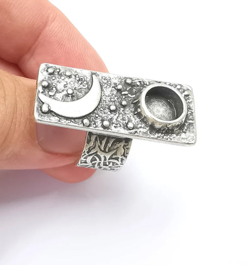 Sky Crescent Moon Ring Blank Setting, Cabochon Mounting, Adjustable Resin Ring Base, Antique Silver Inlay Mosaic Ring Bezel (8mm) G28586