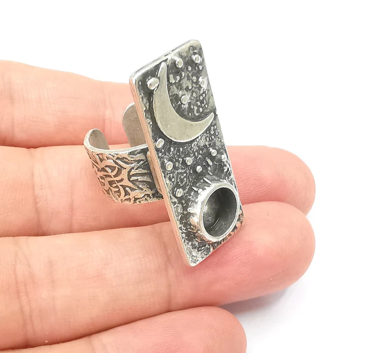 Sky Crescent Moon Ring Blank Setting, Cabochon Mounting, Adjustable Resin Ring Base, Antique Silver Inlay Mosaic Ring Bezel (8mm) G28586