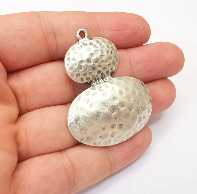 Hammered Oval Domed Charms Antique Silver Plated Teardrop Charms (50x41mm) G28589