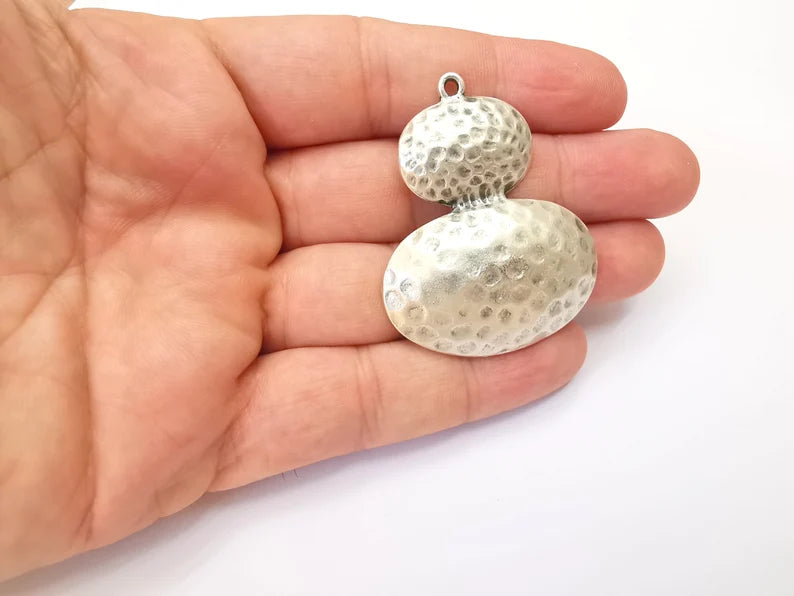 Hammered Oval Domed Charms Antique Silver Plated Teardrop Charms (50x41mm) G28589