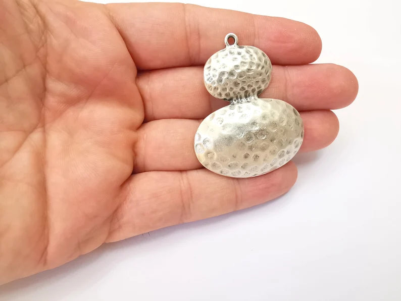 Hammered Oval Domed Charms Antique Silver Plated Teardrop Charms (50x41mm) G28589
