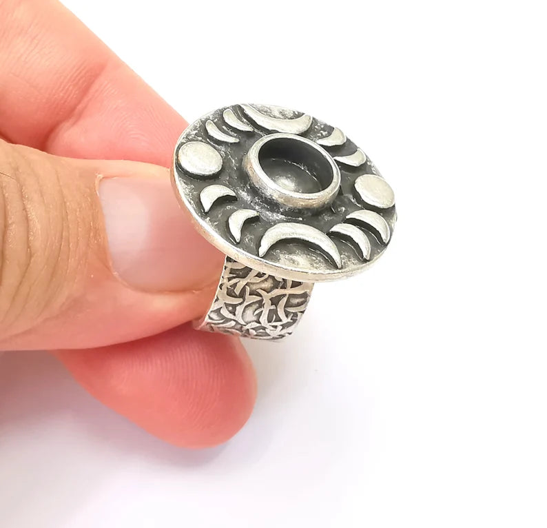 Crescent Moon Ring, The Phases of The Moon Ring Blank Setting, Cabochon Mounting, Adjustable Resin Base Bezels, Antique Silver (8mm) G28590