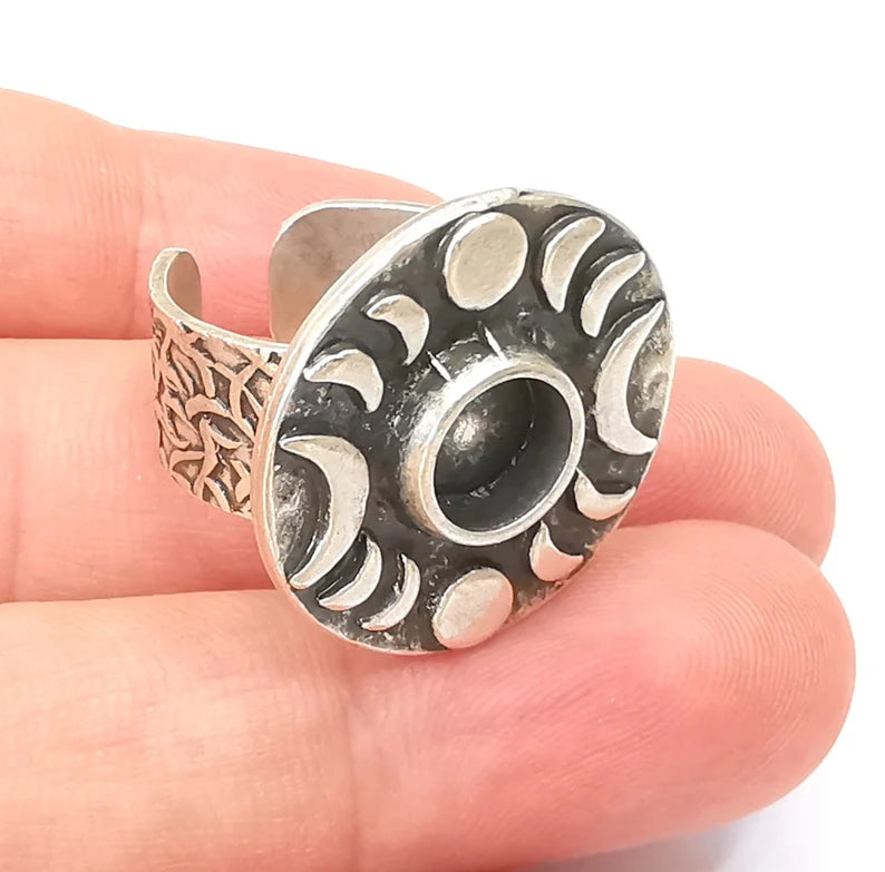 Crescent Moon Ring, The Phases of The Moon Ring Blank Setting, Cabochon Mounting, Adjustable Resin Base Bezels, Antique Silver (8mm) G28590